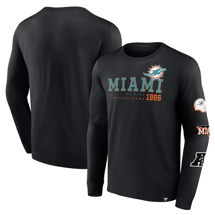 Men's Black Miami Dolphins High Whip Pitcher Long Sleeve T-Shirt
